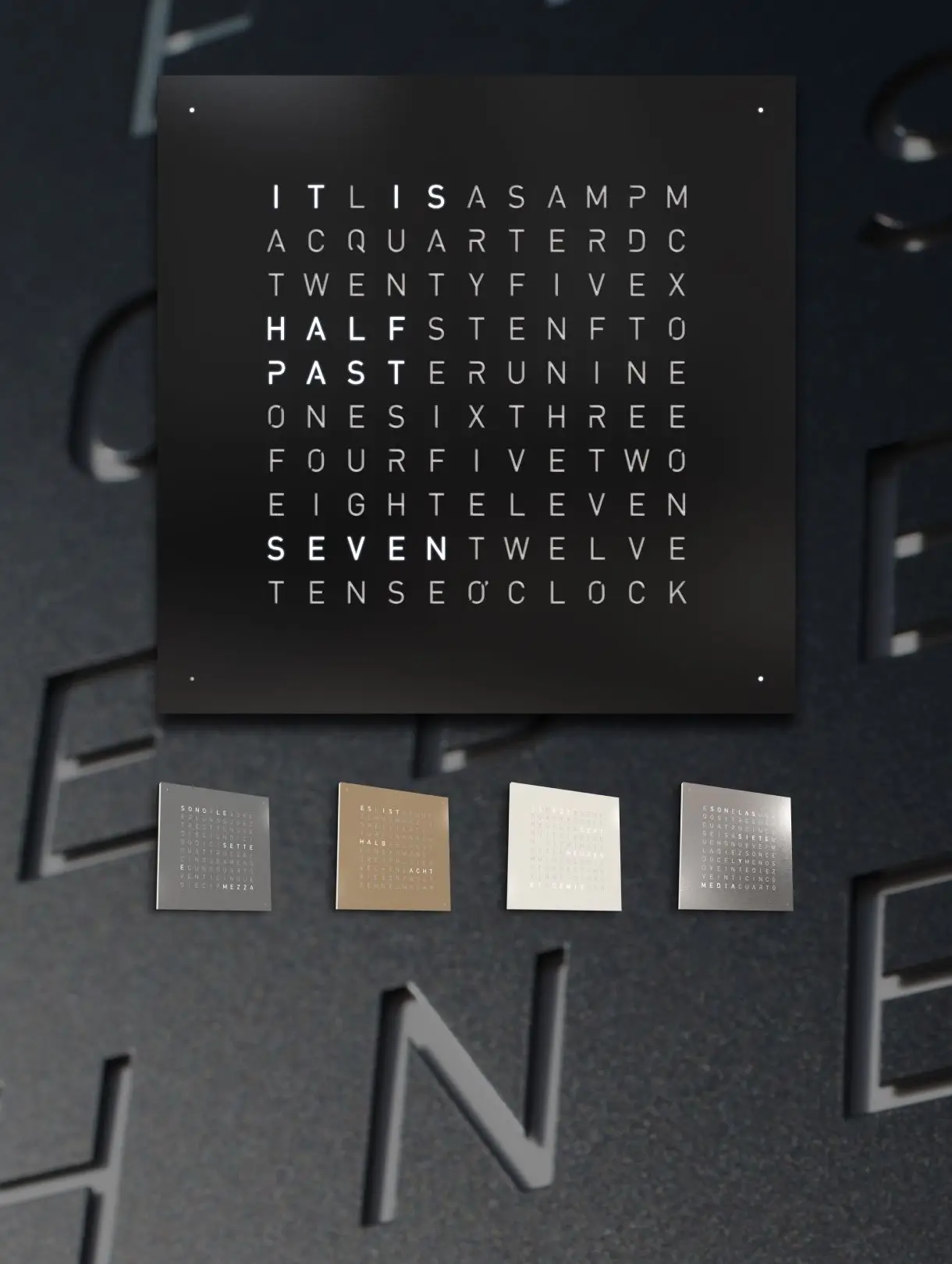 Front view of the QLOCKLTWO EARTH 90 frontcovers STEEL SERIES