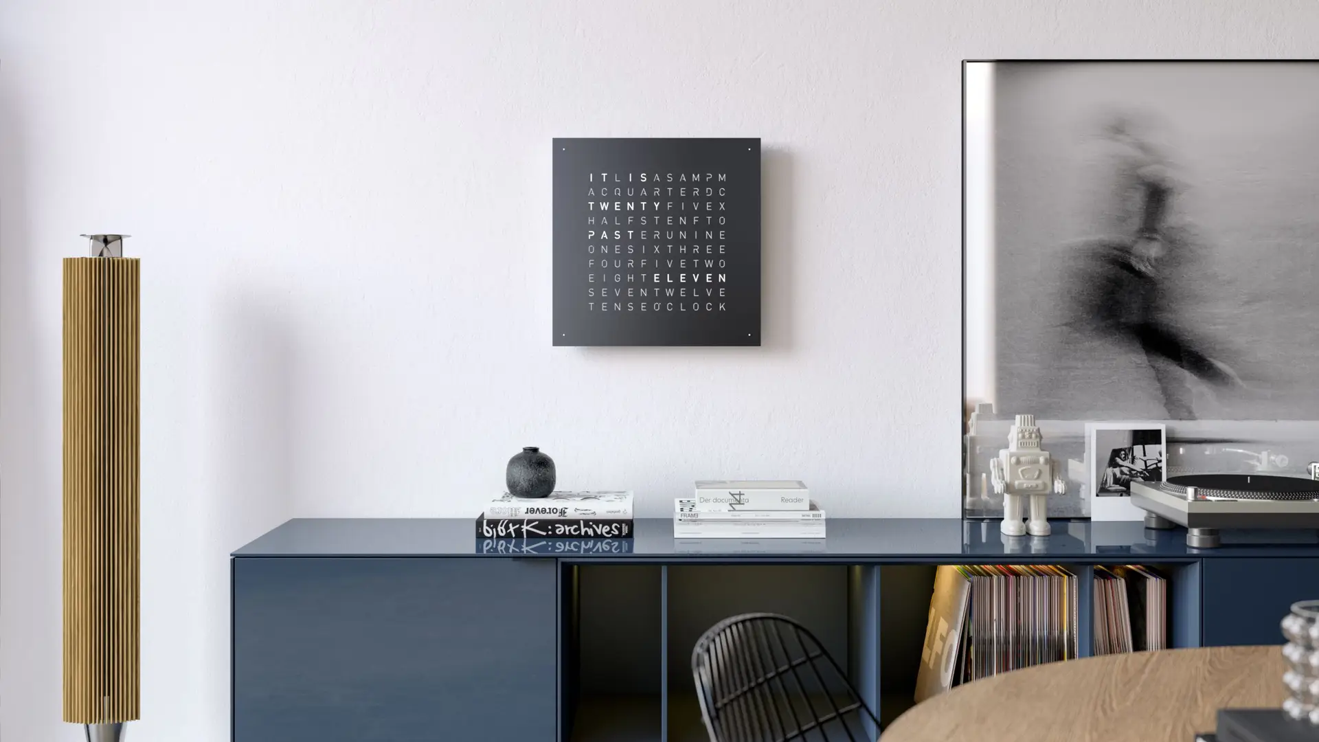 Earth 45 Black Pepper, time in words, wall clock, word clock, black surface