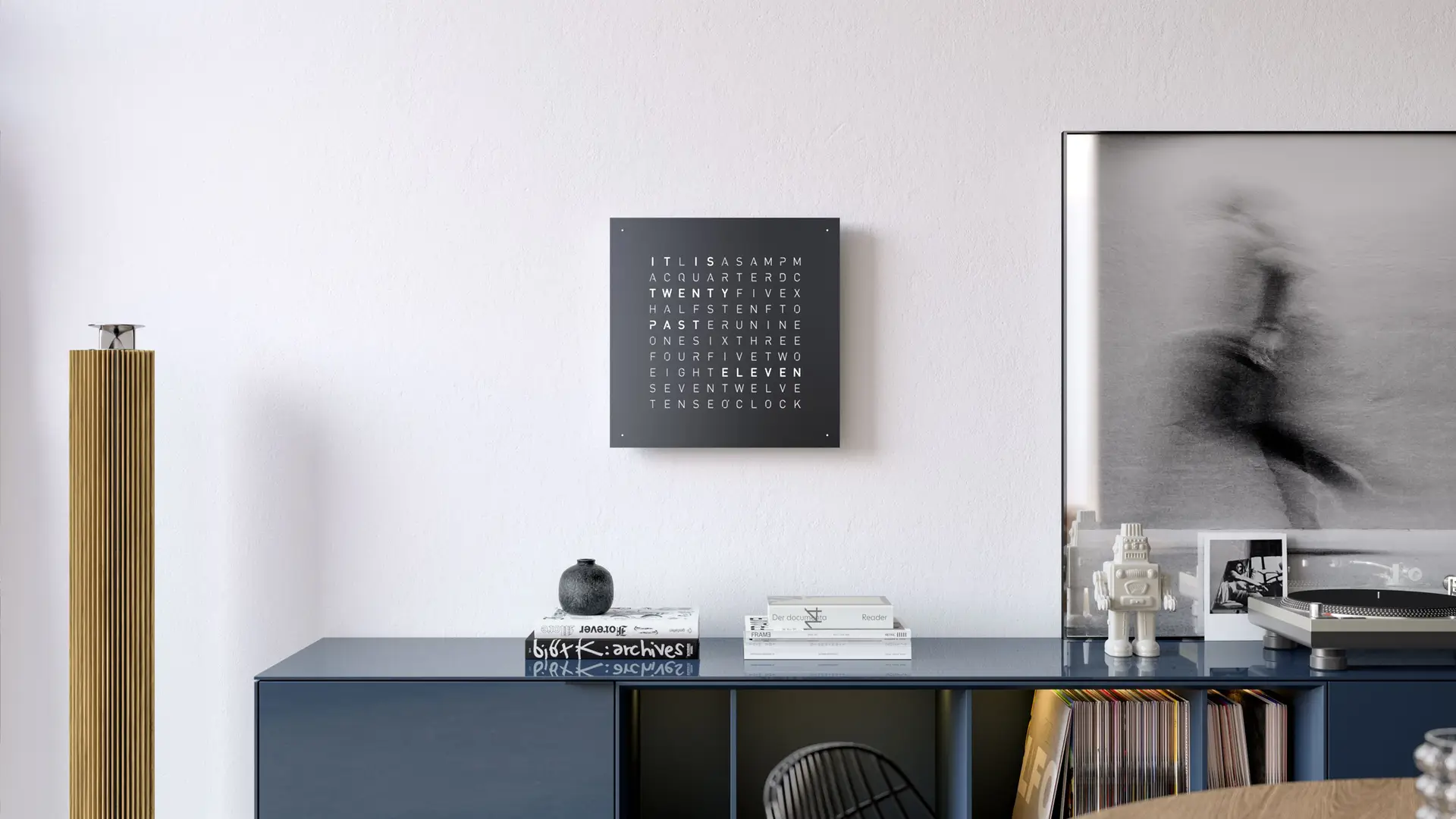 QLOCKTWO EARTH 45 BLACK PEPPER, wall clock with time in words, black surface, matt